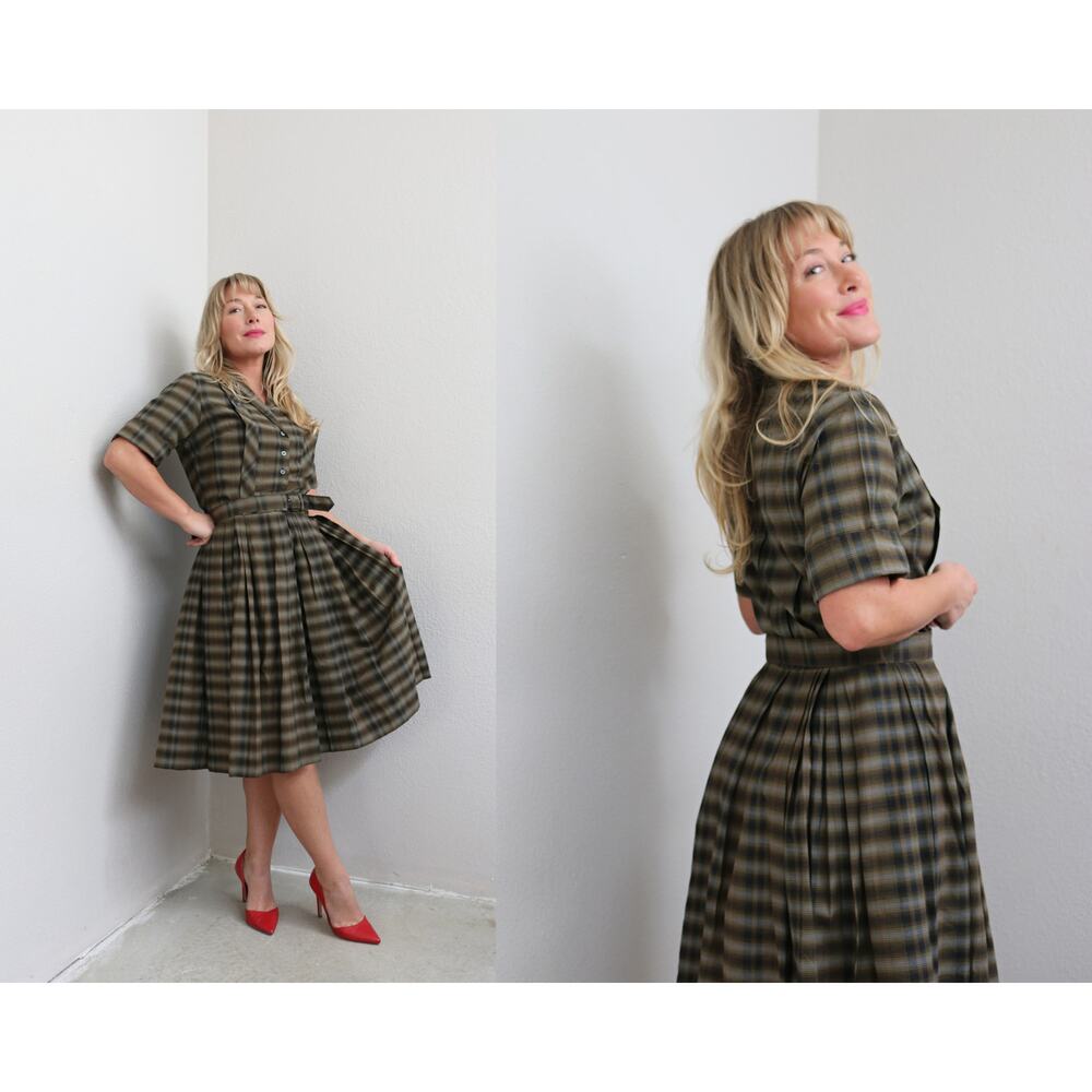 1950's Vintage Lampl Beige Floral Woven Metal Zipper Day Dress ~ Women's SM MD